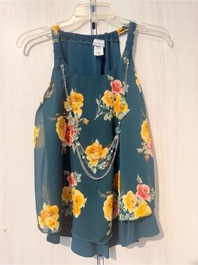 Floral Halter Tank Top with Necklace Detail - Teal